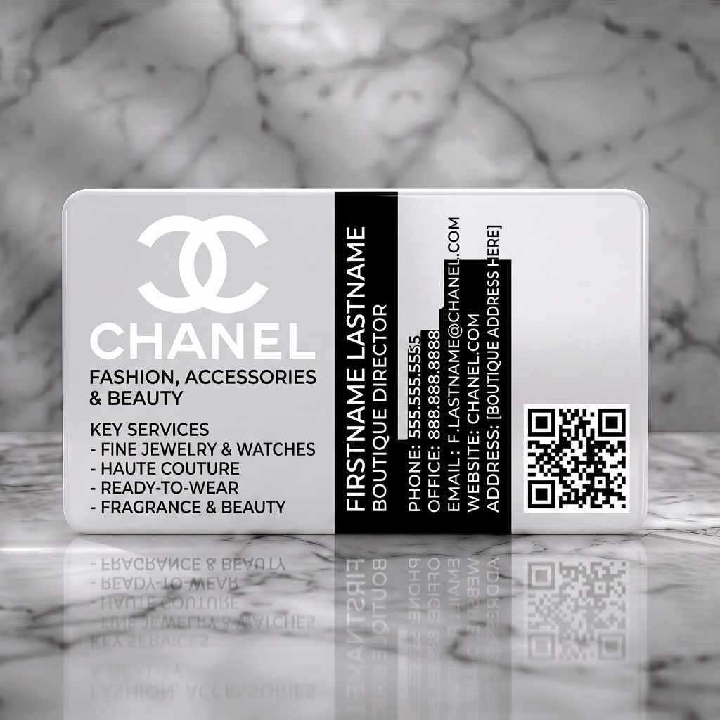 Solid white PVC business card featuring iconic Chanel C's logo, modern white sans-serif typography, and a black split design with QR code