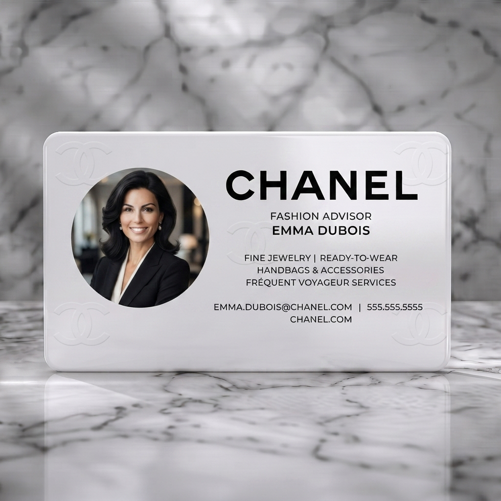Solid white PVC business card featuring luxurious black & white design with professional photo, sans-serif typography, and subtle Chanel logos