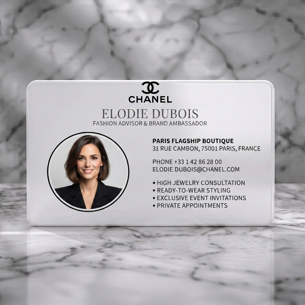 Solid white PVC business card featuring elegant, minimalist black and grey design, featuring the Chanel logo, varied typography, and a circular headshot