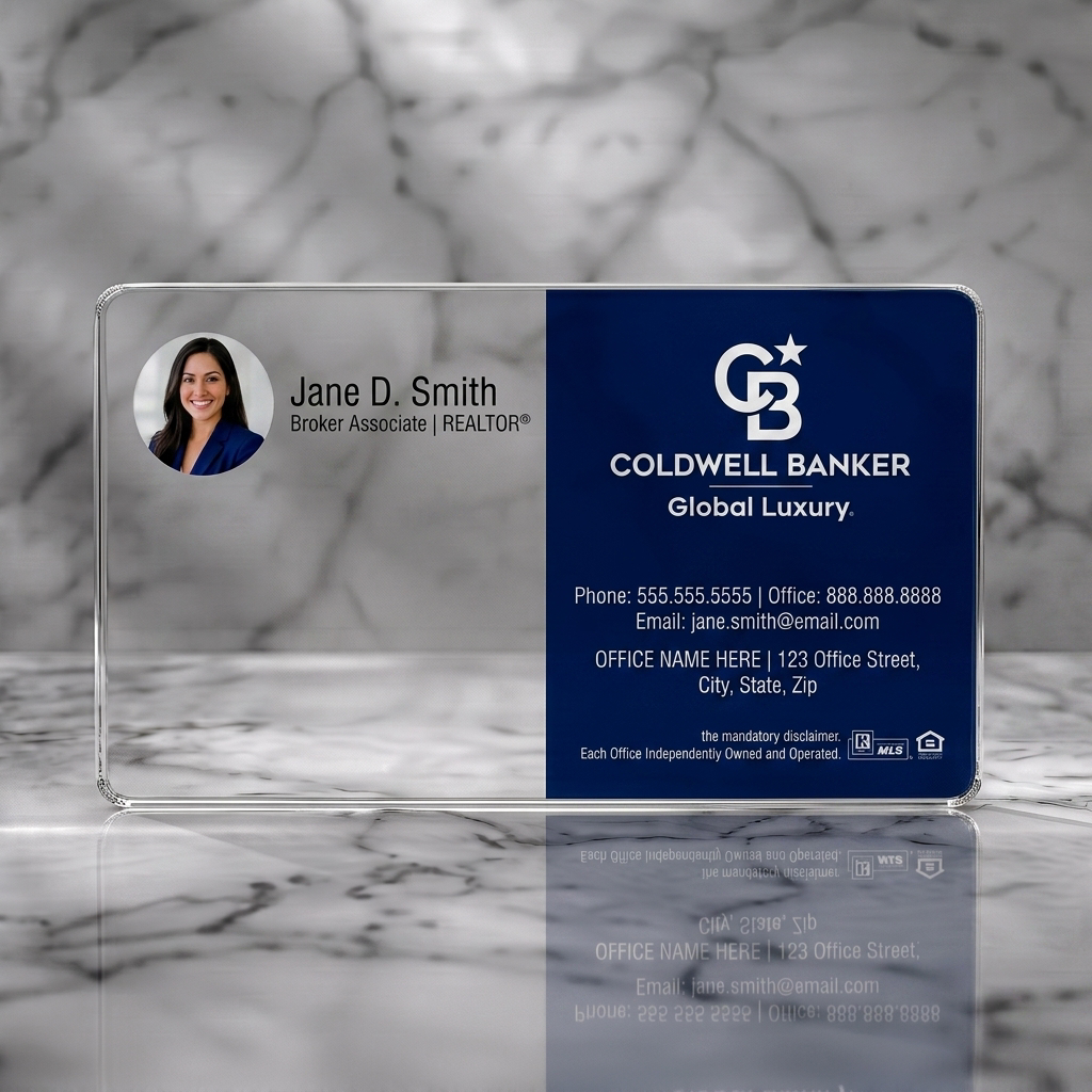 Clear plastic business card featuring split layout, agent photo, Coldwell Banker navy/white branding, sans-serif typography, and key icons
