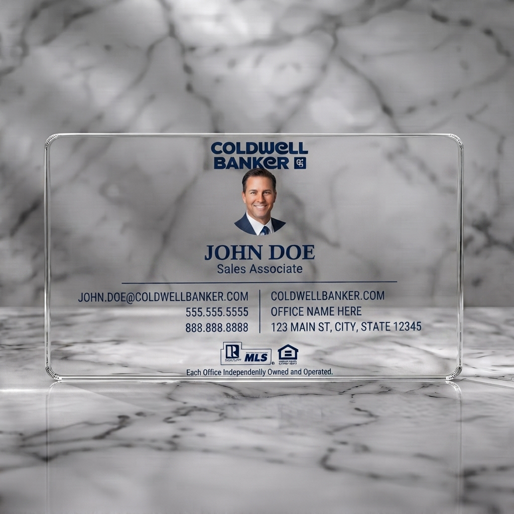 Clear plastic business card featuring a clean, professional design with Coldwell Banker blue branding, circular photo, sans-serif typography, and real estate icons