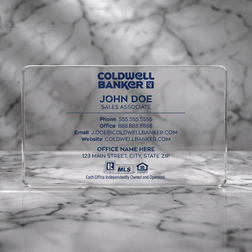 Clear plastic business card featuring coldwell Banker blue, sans-serif typography, Realtor, MLS, and EHO icons on a clean white background