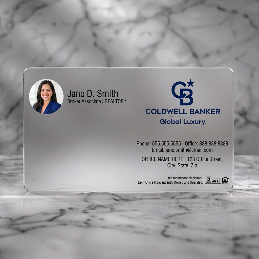 Frosted translucent plastic business card featuring split layout, agent photo, Coldwell Banker navy/white branding, sans-serif typography, and key icons