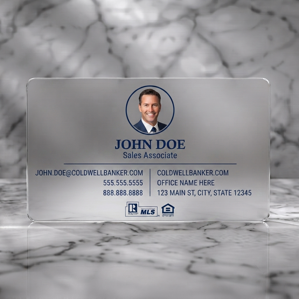 Frosted translucent plastic business card featuring a clean, professional design with Coldwell Banker blue branding, circular photo, sans-serif typography, and real estate icons