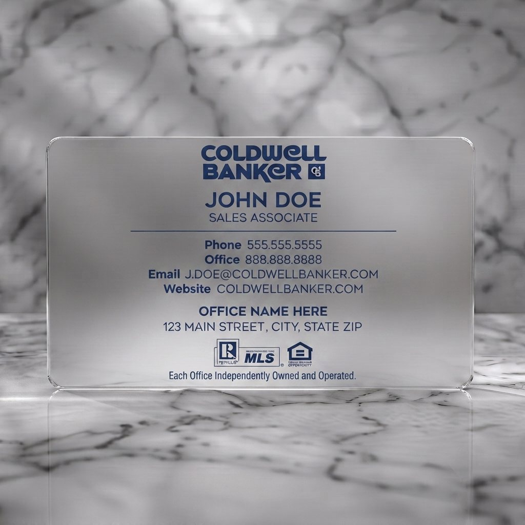 Frosted translucent plastic business card featuring coldwell Banker blue, sans-serif typography, Realtor, MLS, and EHO icons on a clean white background