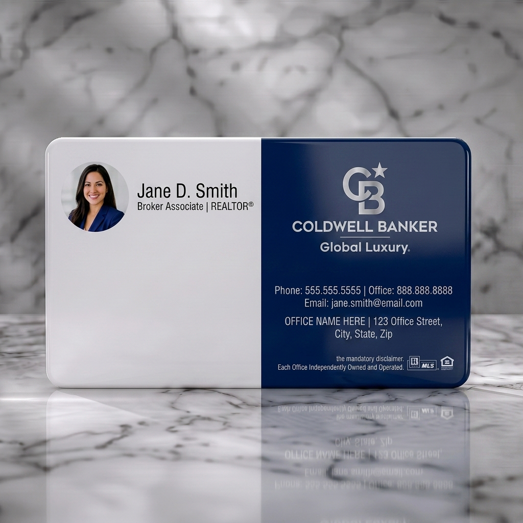 Solid white PVC business card featuring split layout, agent photo, Coldwell Banker navy/white branding, sans-serif typography, and key icons