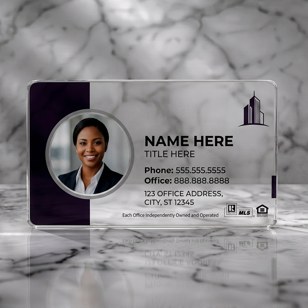 Clear plastic business card featuring modern, professional design with photo, dark purple/white, magenta accent, skyscraper icon, and real estate logos