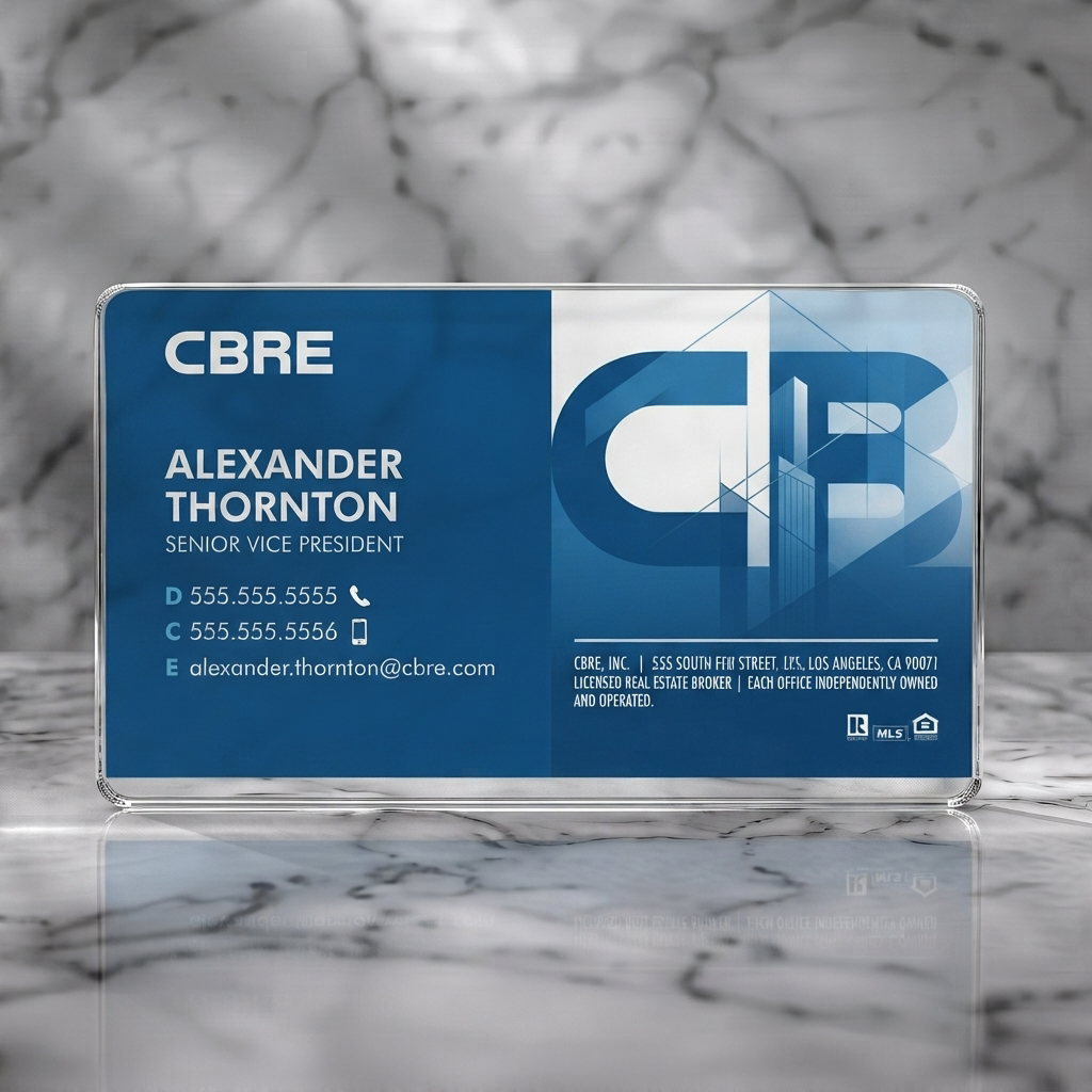 Clear plastic business card featuring modern deep blue and white design, bold sans-serifs, architectural logo, and industry icons