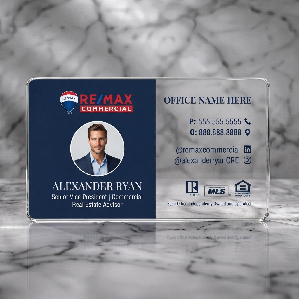 Clear plastic business card featuring clean two-tone navy and white design, RE/MAX branding, circular photo, professional fonts, and service icons