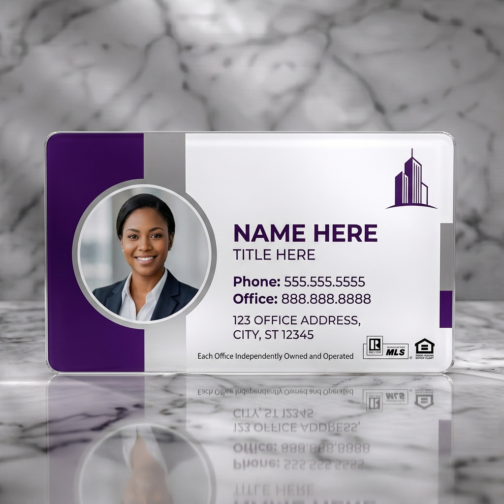 Frosted translucent plastic business card featuring modern, professional design with photo, dark purple/white, magenta accent, skyscraper icon, and real estate logos