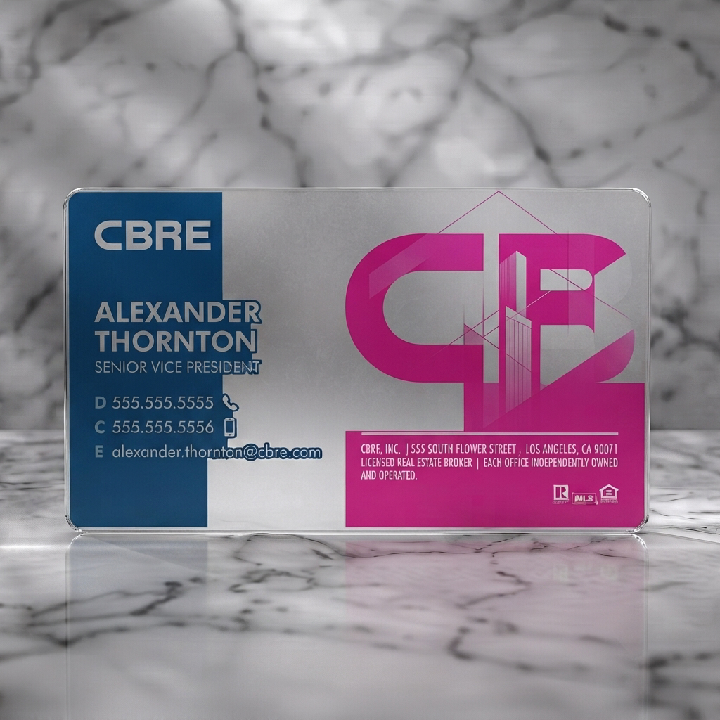 Frosted translucent plastic business card featuring modern deep blue and white design, bold sans-serifs, architectural logo, and industry icons