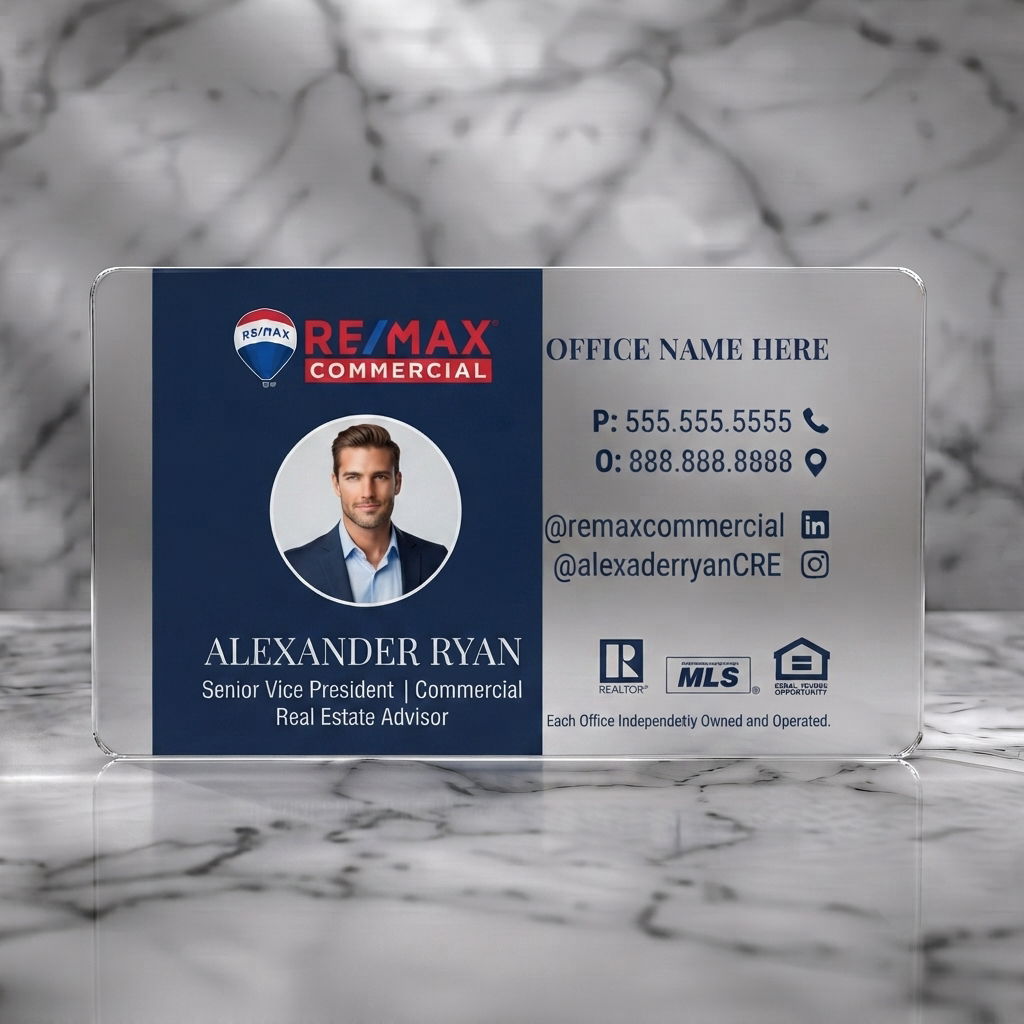 Frosted translucent plastic business card featuring clean two-tone navy and white design, RE/MAX branding, circular photo, professional fonts, and service icons