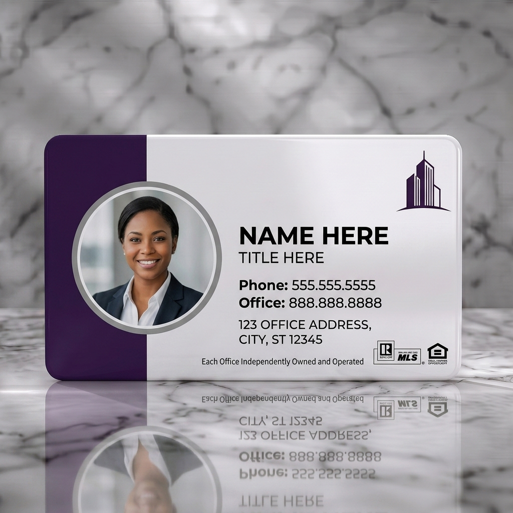 Solid white PVC business card featuring modern, professional design with photo, dark purple/white, magenta accent, skyscraper icon, and real estate logos