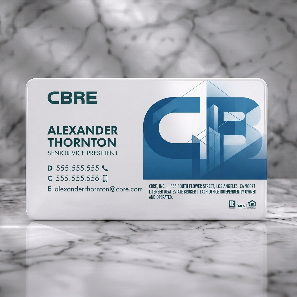 Solid white PVC business card featuring modern deep blue and white design, bold sans-serifs, architectural logo, and industry icons