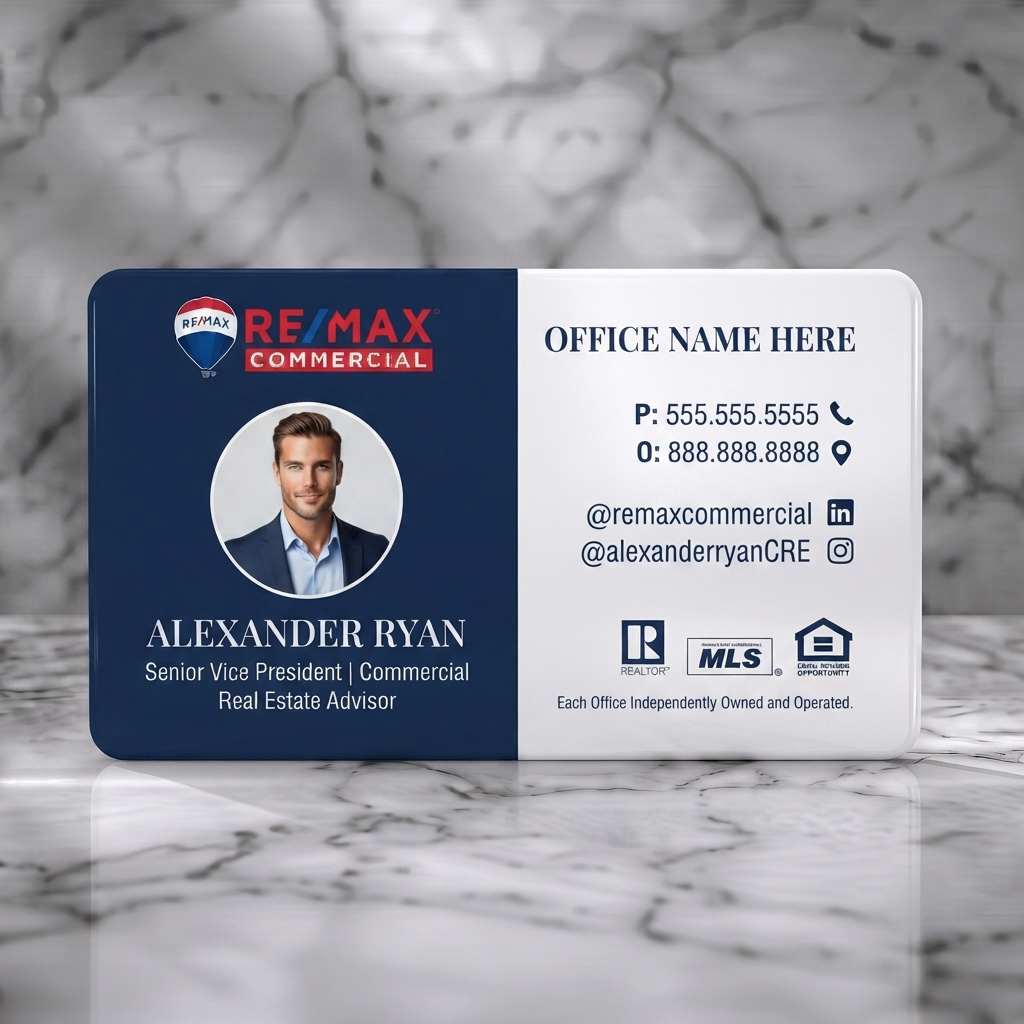 Solid white PVC business card featuring clean two-tone navy and white design, RE/MAX branding, circular photo, professional fonts, and service icons