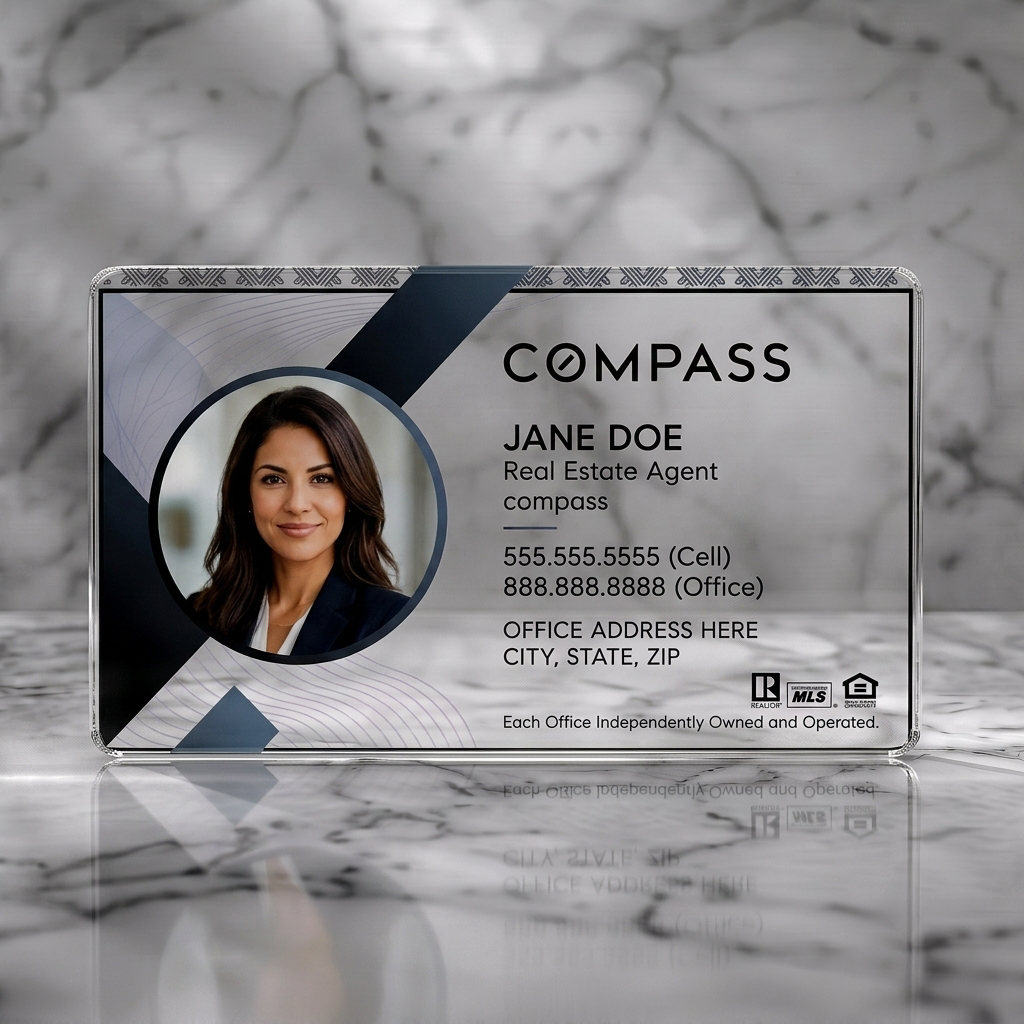 Clear plastic business card featuring geometric design, circular photo, black and light tones, integrated compass logo, and industry icons