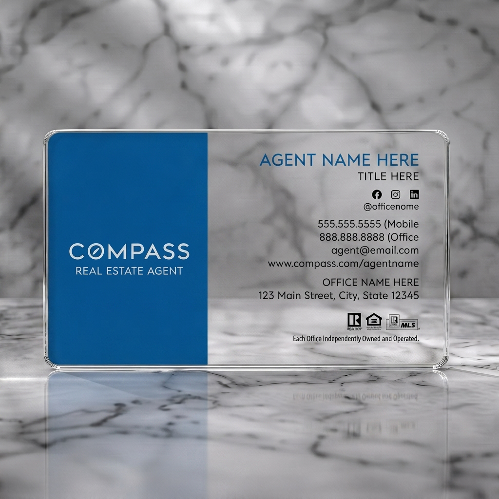 Clear plastic business card featuring modern blue and white design with a geometric pattern, clean sans-serif typography, and clear social/real estate icons