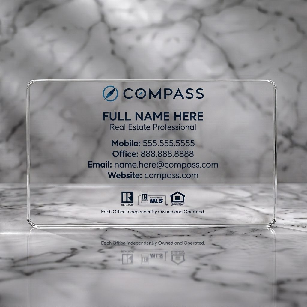 Clear plastic business card featuring minimalist white and dark blue design, sans-serif typography, Compass logo, and real estate icons