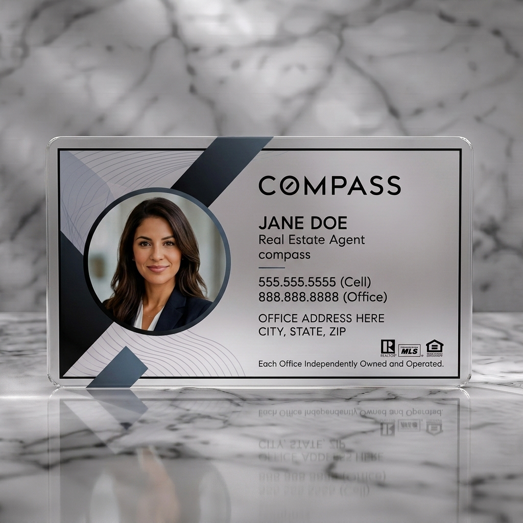 Frosted translucent plastic business card featuring geometric design, circular photo, black and light tones, integrated compass logo, and industry icons