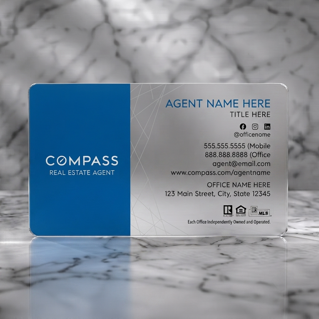 Frosted translucent plastic business card featuring modern blue and white design with a geometric pattern, clean sans-serif typography, and clear social/real estate icons