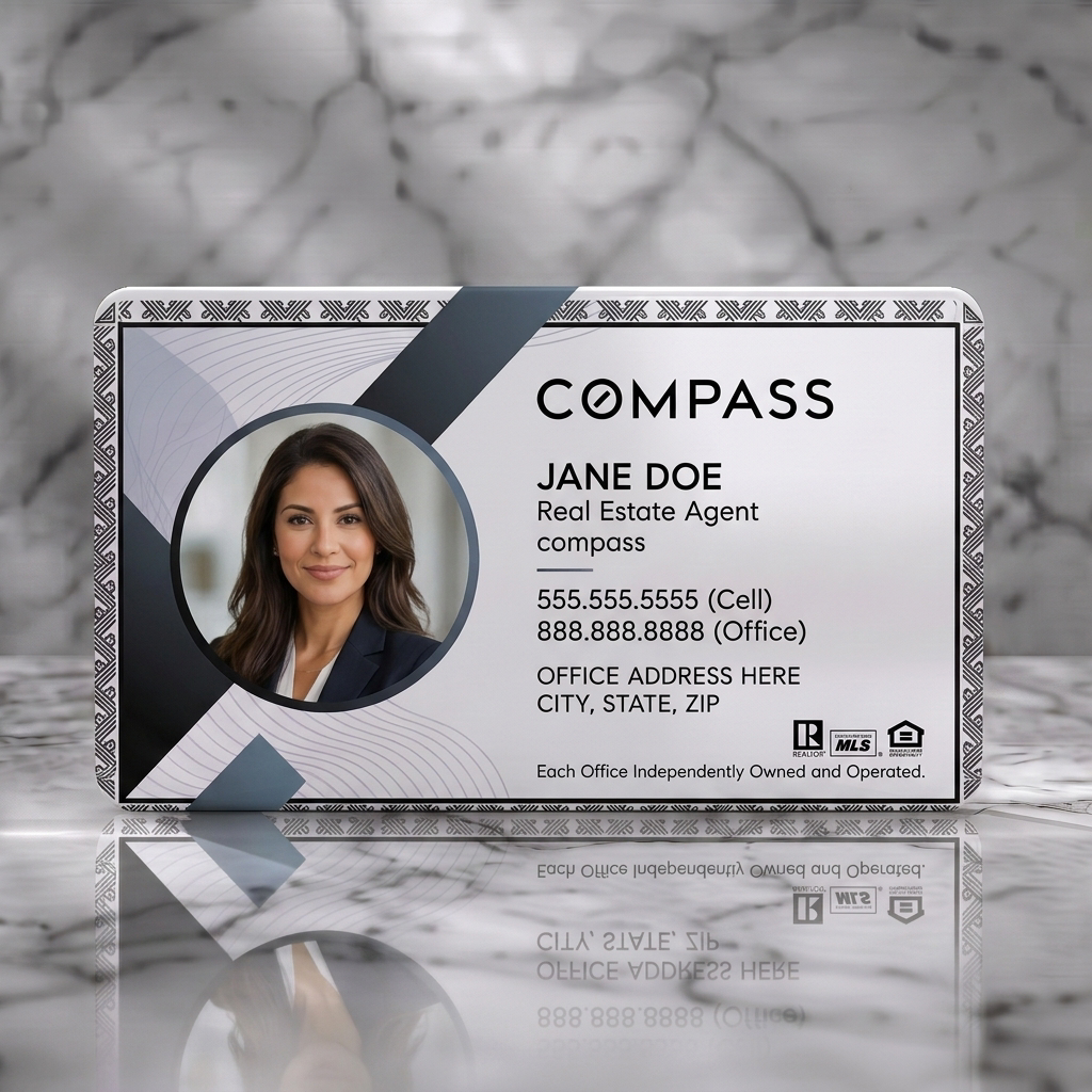 Solid white PVC business card featuring geometric design, circular photo, black and light tones, integrated compass logo, and industry icons