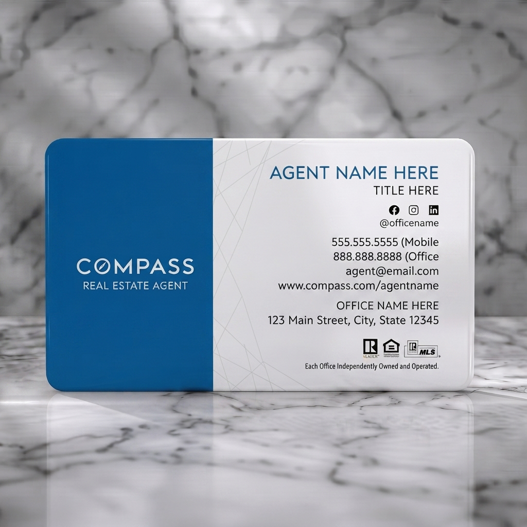 Solid white PVC business card featuring modern blue and white design with a geometric pattern, clean sans-serif typography, and clear social/real estate icons