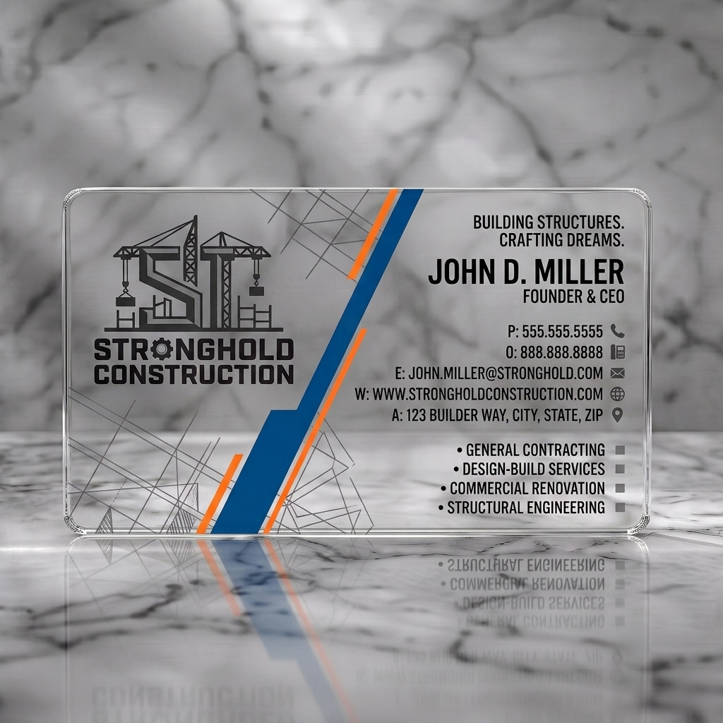 Clear plastic business card featuring a construction crane logo, bold dark gray sans-serif typography, and prominent dark blue & orange diagonal stripes