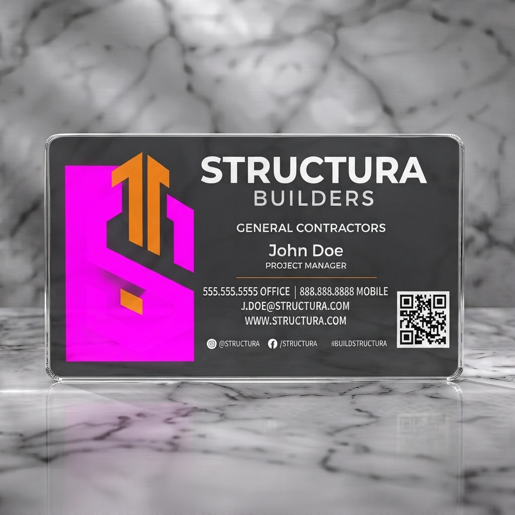Clear plastic business card featuring modern geometric S-arrow logo in orange and white, bold sans-serif type, social icons, and QR code