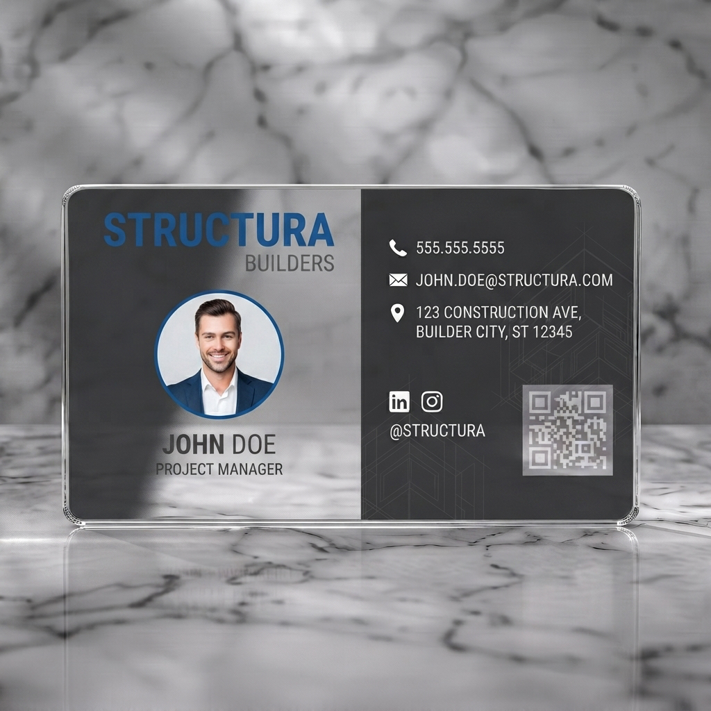 Clear plastic business card featuring clean two-tone design, bold blue branding, sans-serif typography, profile photo, and contact icons