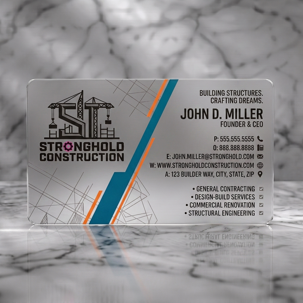 Frosted translucent plastic business card featuring a construction crane logo, bold dark gray sans-serif typography, and prominent dark blue & orange diagonal stripes