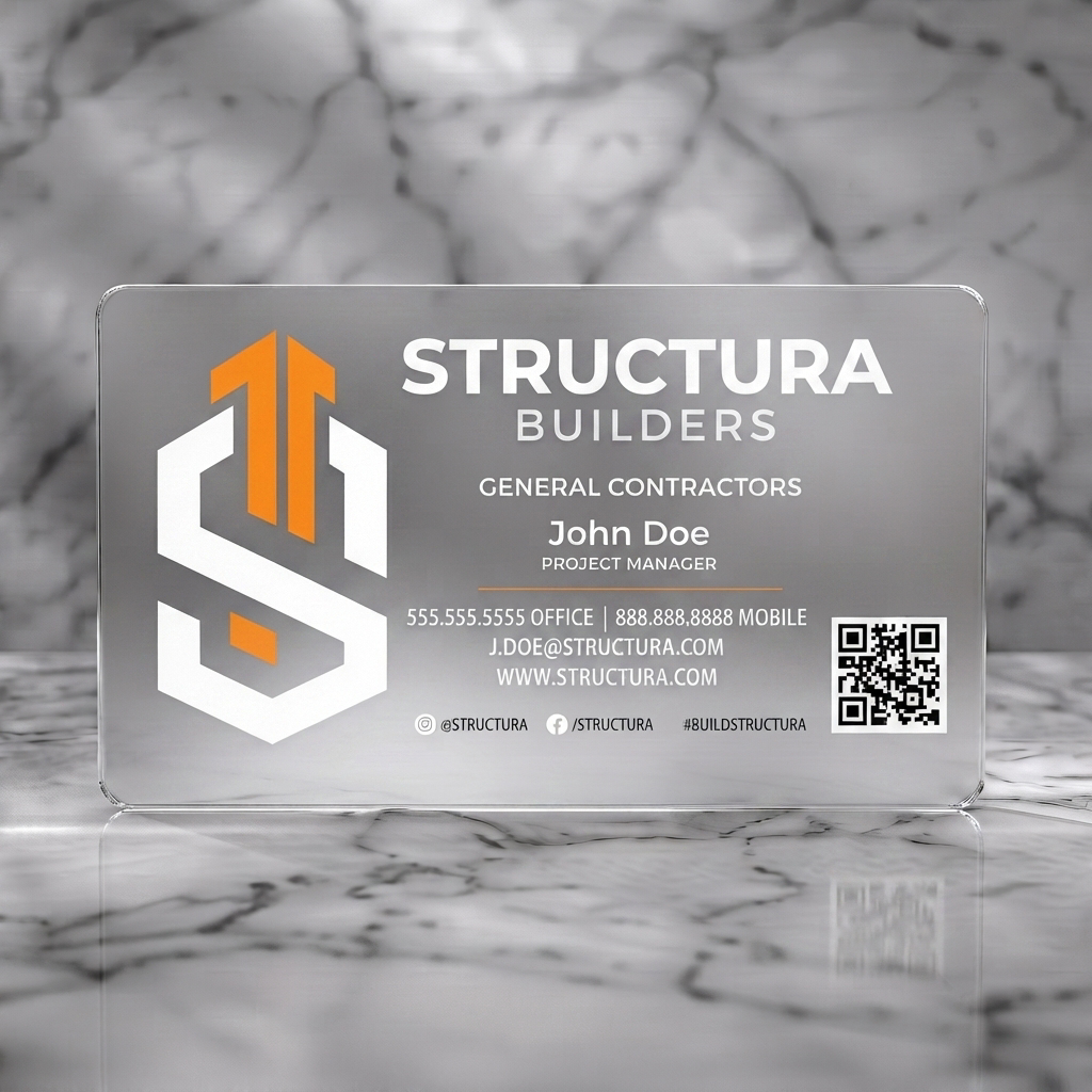 Frosted translucent plastic business card featuring modern geometric S-arrow logo in orange and white, bold sans-serif type, social icons, and QR code