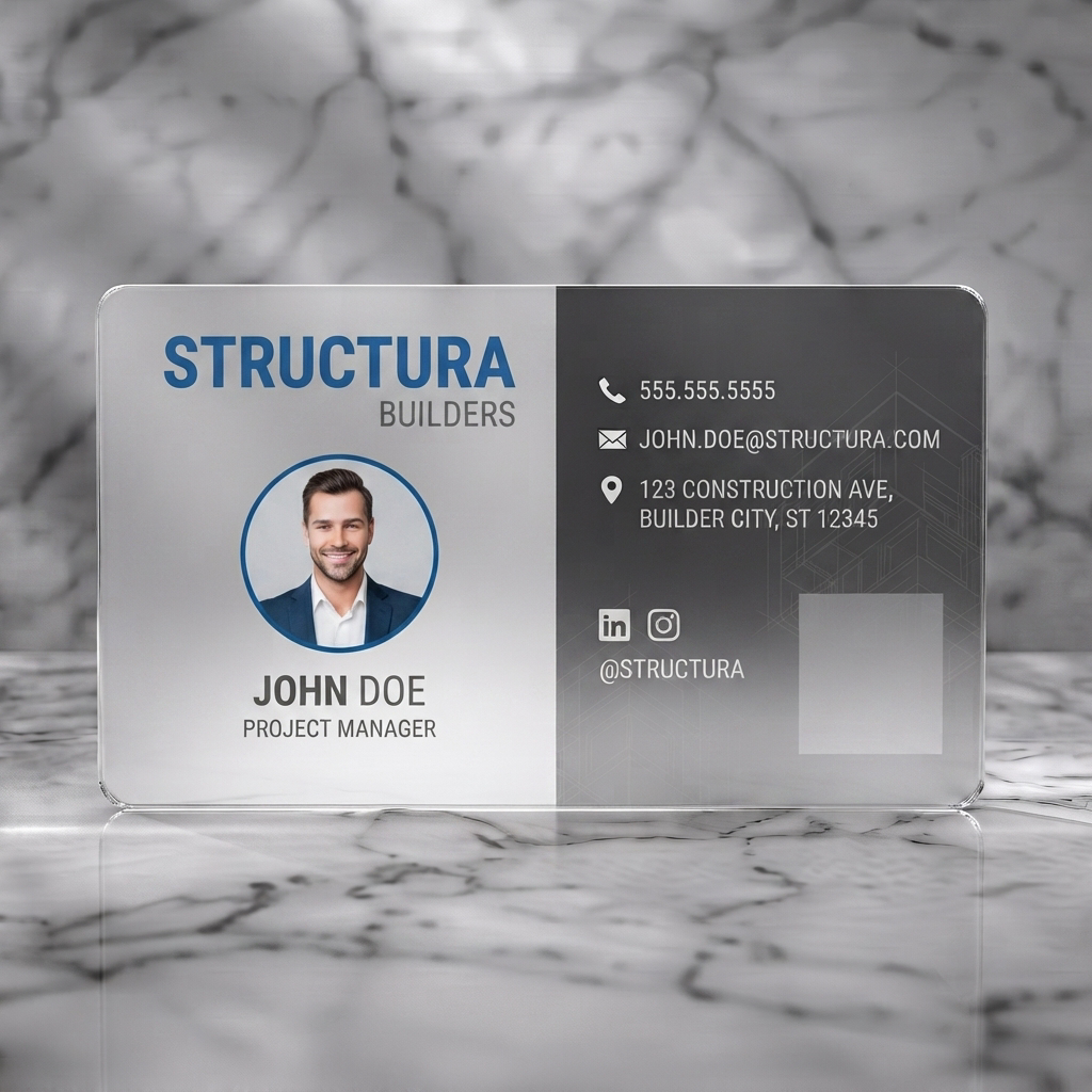 Frosted translucent plastic business card featuring clean two-tone design, bold blue branding, sans-serif typography, profile photo, and contact icons