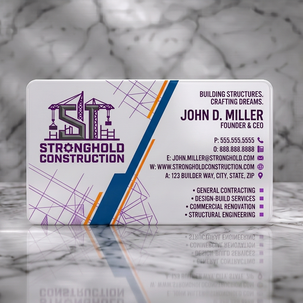 Solid white PVC business card featuring a construction crane logo, bold dark gray sans-serif typography, and prominent dark blue & orange diagonal stripes