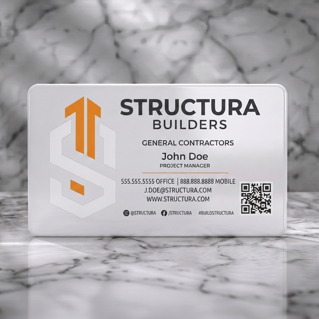 Solid white PVC business card featuring modern geometric S-arrow logo in orange and white, bold sans-serif type, social icons, and QR code