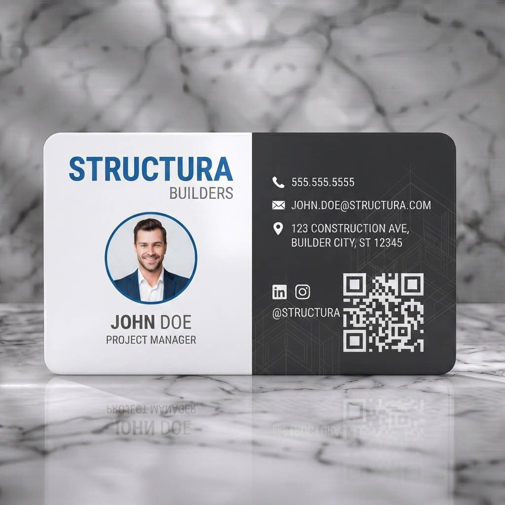 Solid white PVC business card featuring clean two-tone design, bold blue branding, sans-serif typography, profile photo, and contact icons
