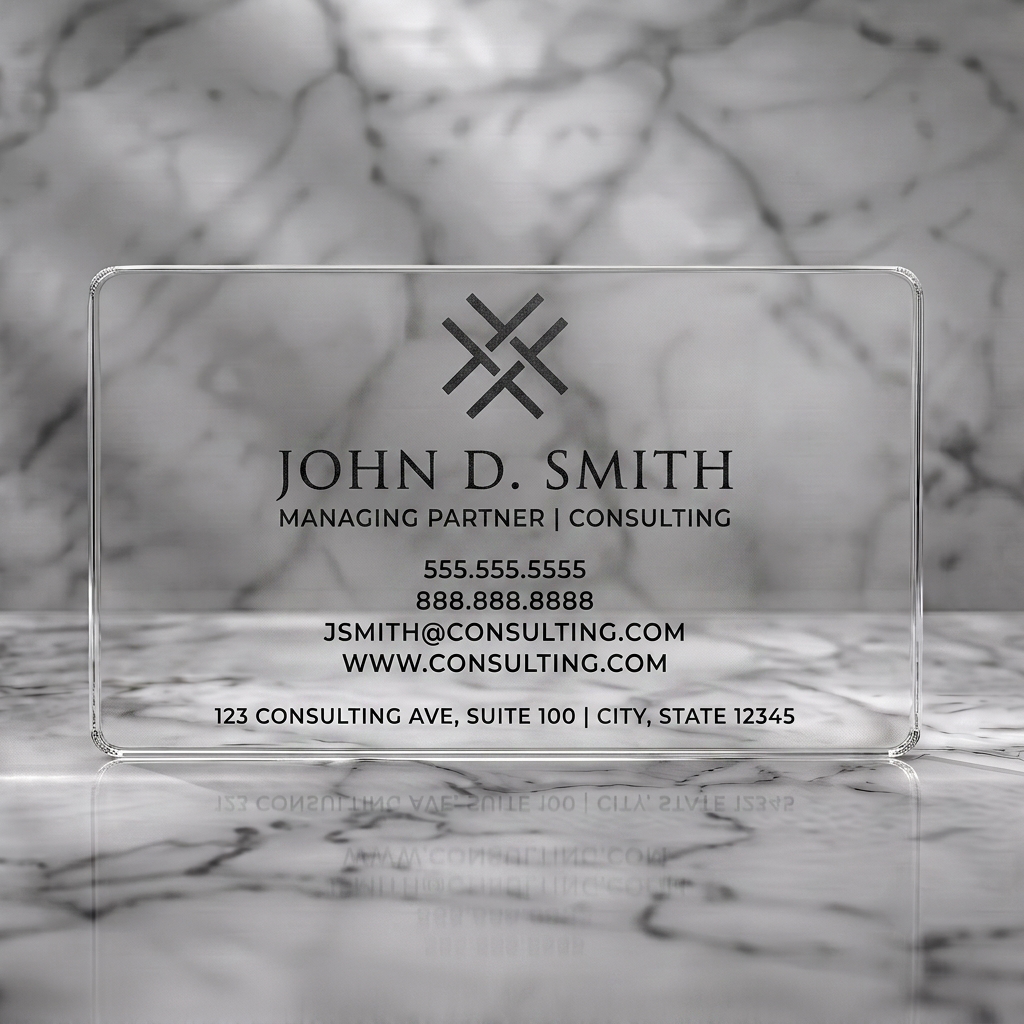 Clear plastic business card featuring a minimalist design with a black abstract logo, elegant serif, and crisp sans-serif typography