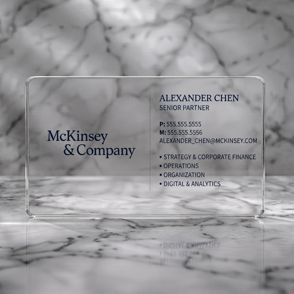 Clear plastic business card featuring professional minimalist design with navy text on white, featuring elegant serif and clean sans-serif fonts