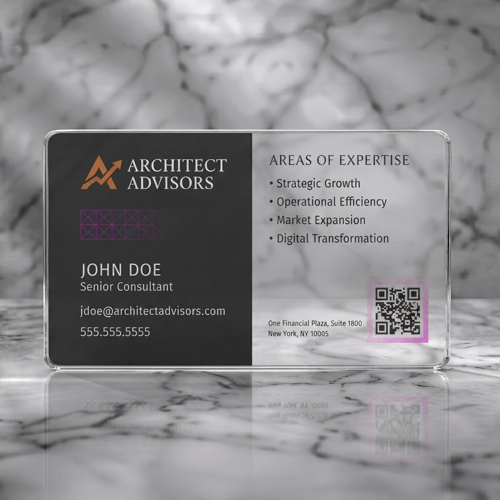 Clear plastic business card featuring a split charcoal & white design, orange arrow logo, purple geometric pattern, and crisp sans-serif typography