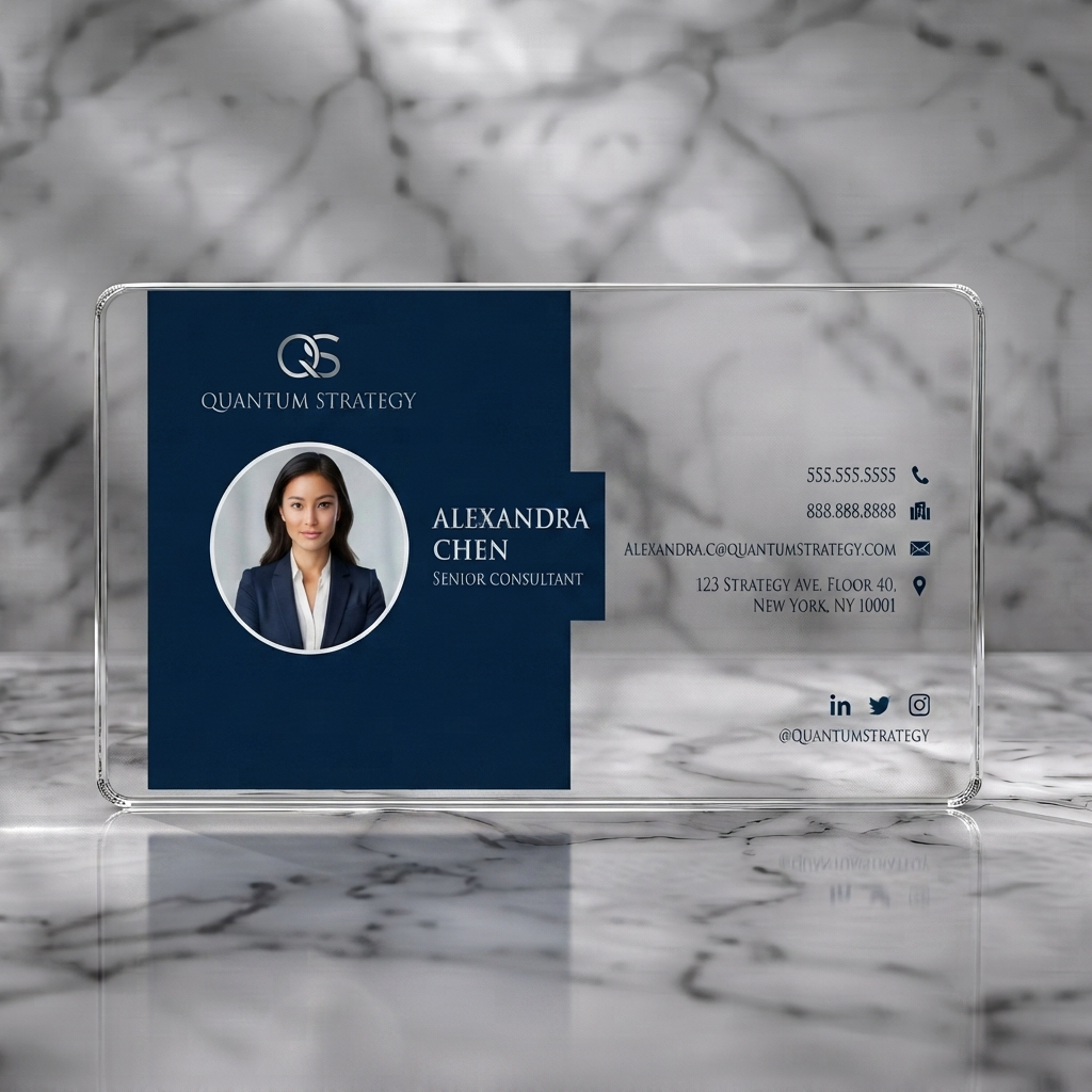 Clear plastic business card featuring a modern navy and white two-tone design, sans-serif typography, minimalist icons, and a professional headshot