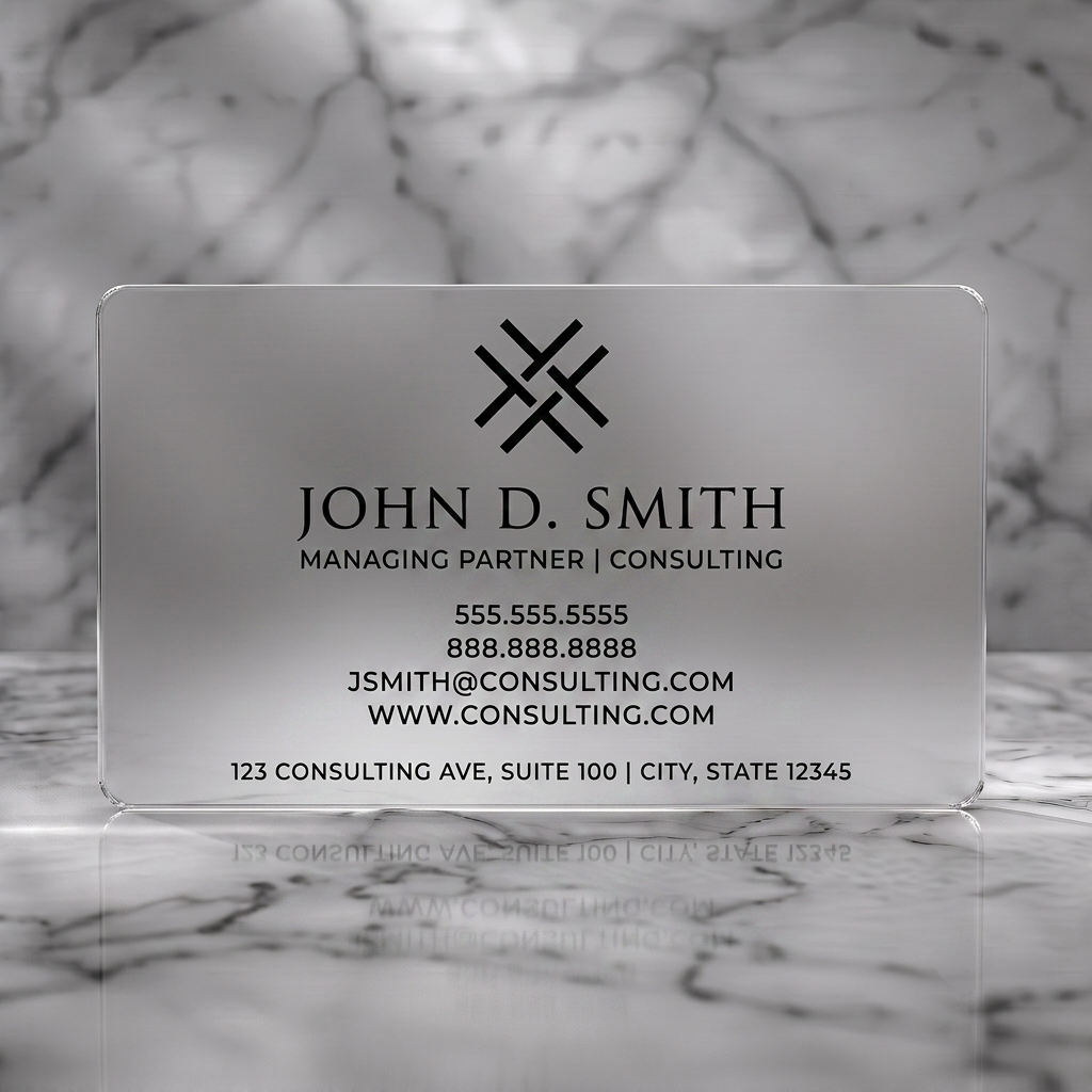 Frosted translucent plastic business card featuring a minimalist design with a black abstract logo, elegant serif, and crisp sans-serif typography