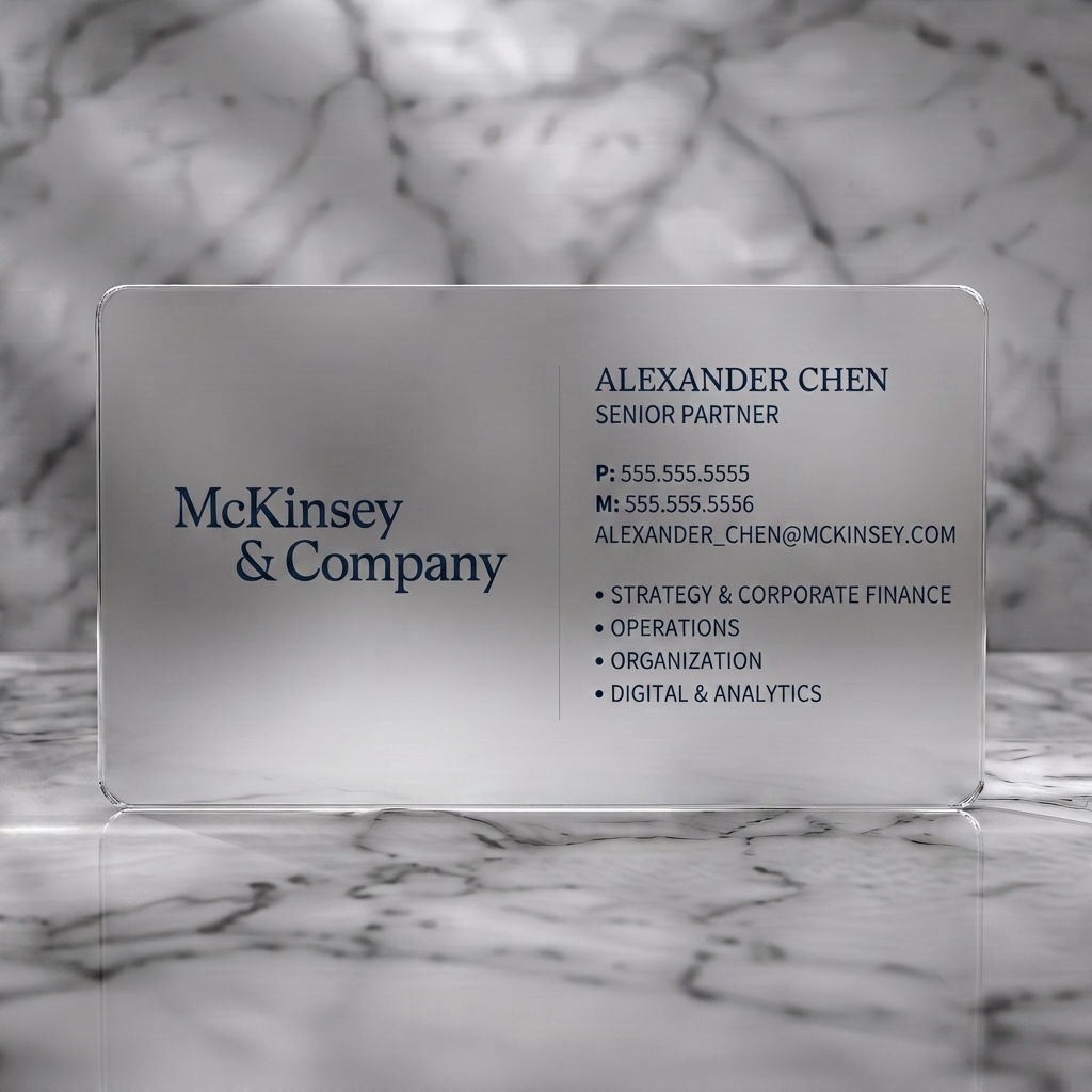 Frosted translucent plastic business card featuring professional minimalist design with navy text on white, featuring elegant serif and clean sans-serif fonts