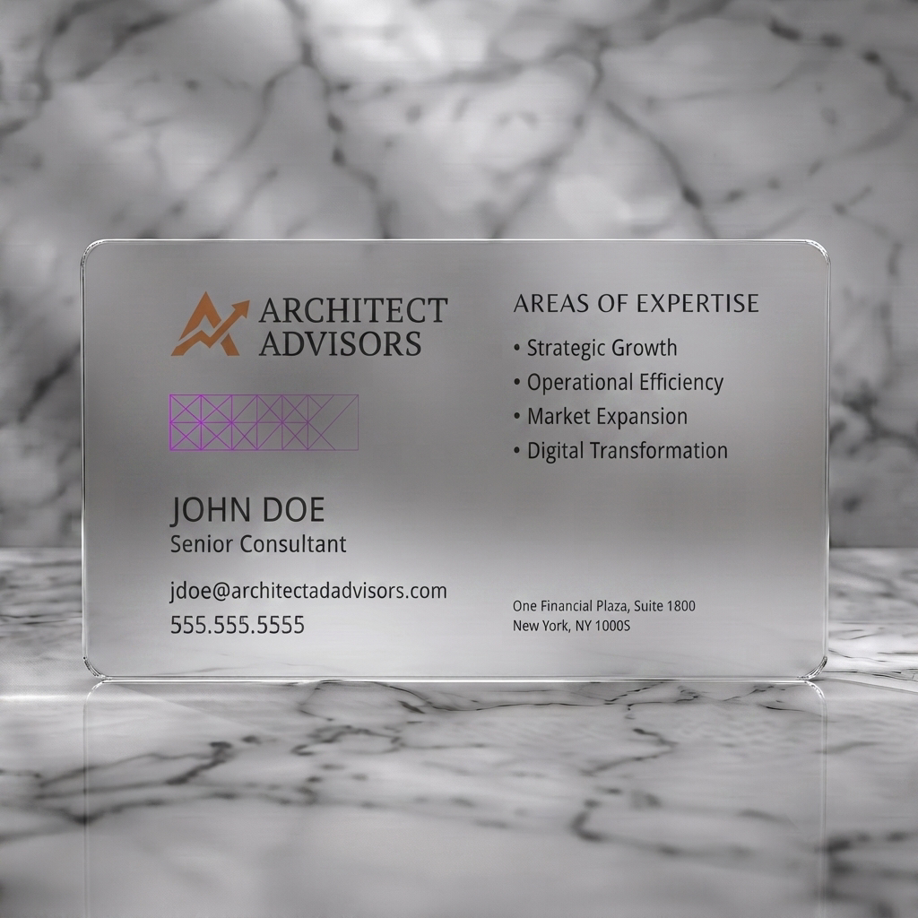 Frosted translucent plastic business card featuring a split charcoal & white design, orange arrow logo, purple geometric pattern, and crisp sans-serif typography