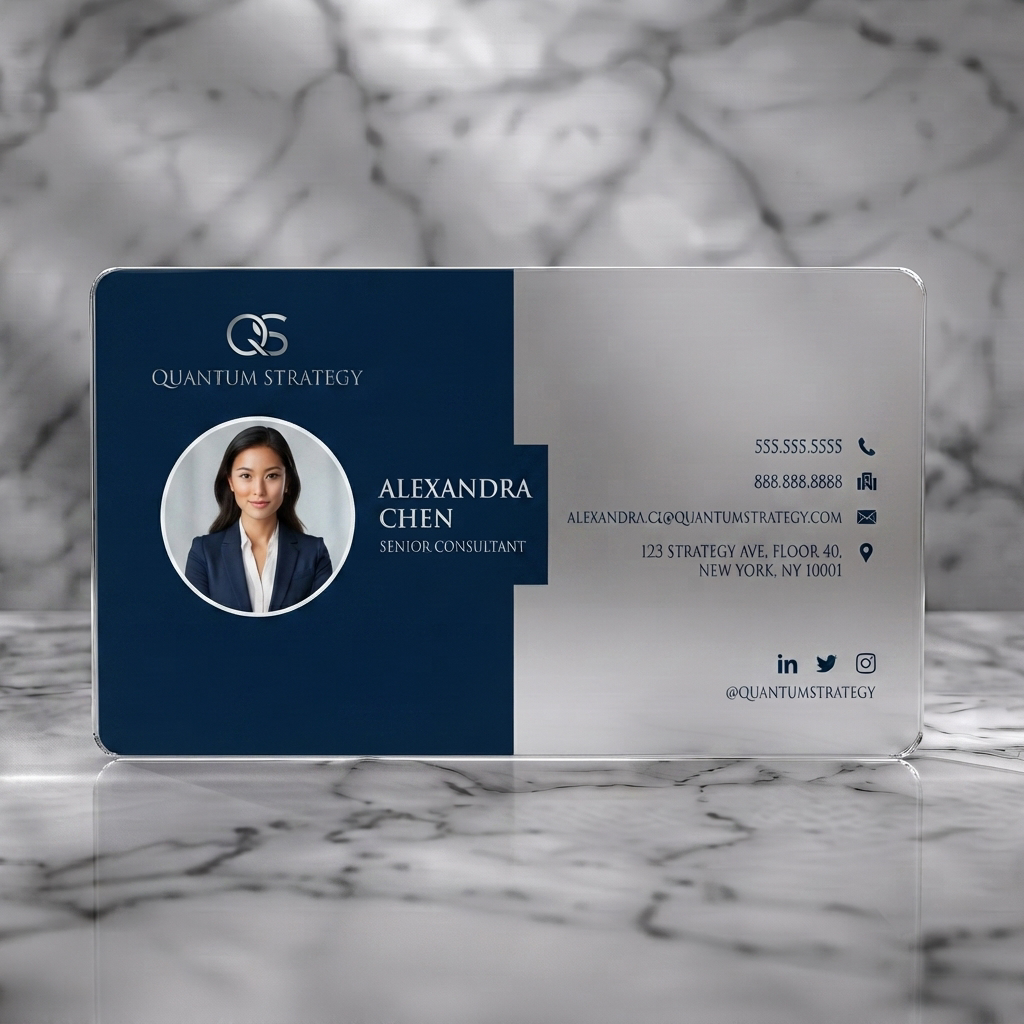 Frosted translucent plastic business card featuring a modern navy and white two-tone design, sans-serif typography, minimalist icons, and a professional headshot