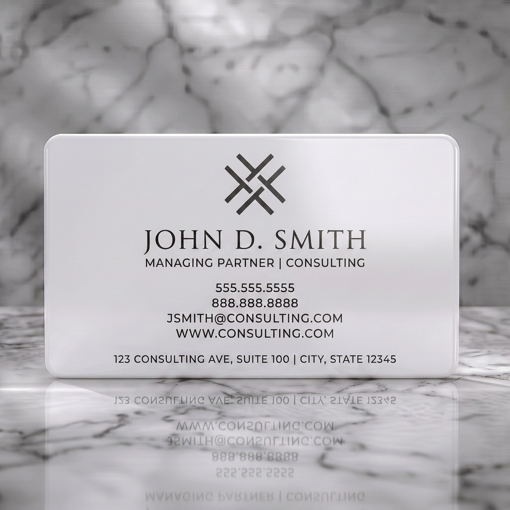 Solid white PVC business card featuring a minimalist design with a black abstract logo, elegant serif, and crisp sans-serif typography