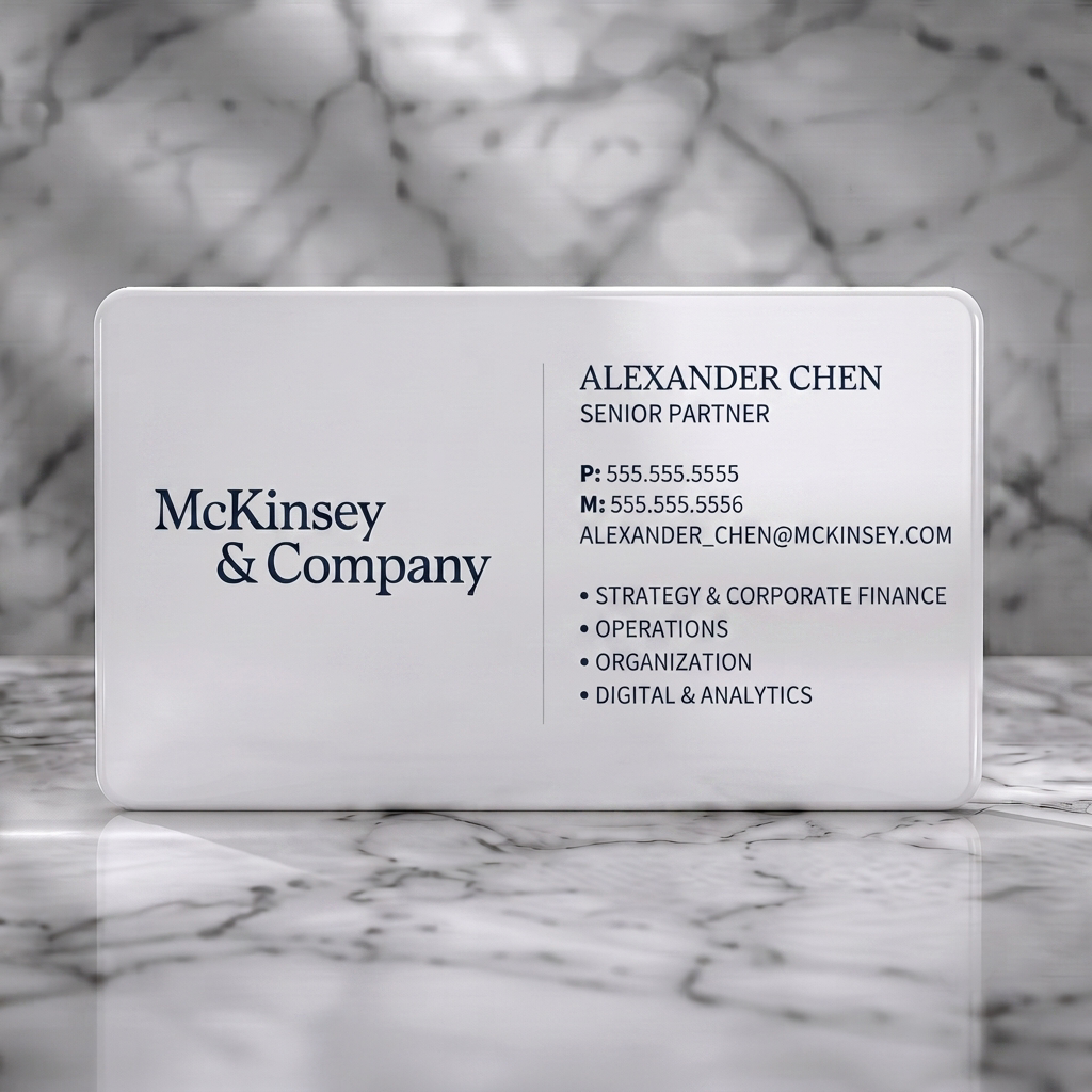 Solid white PVC business card featuring professional minimalist design with navy text on white, featuring elegant serif and clean sans-serif fonts