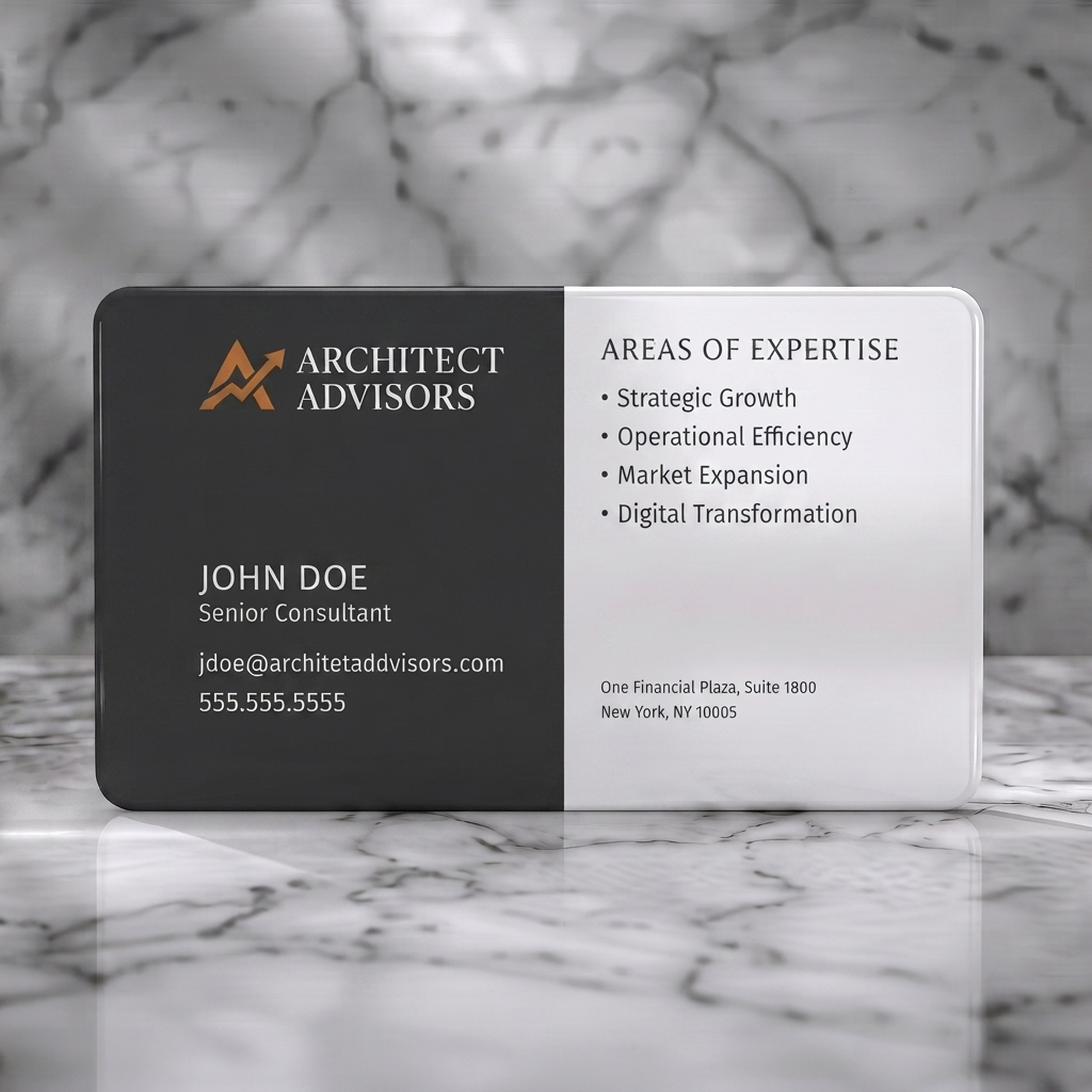 Solid white PVC business card featuring a split charcoal & white design, orange arrow logo, purple geometric pattern, and crisp sans-serif typography