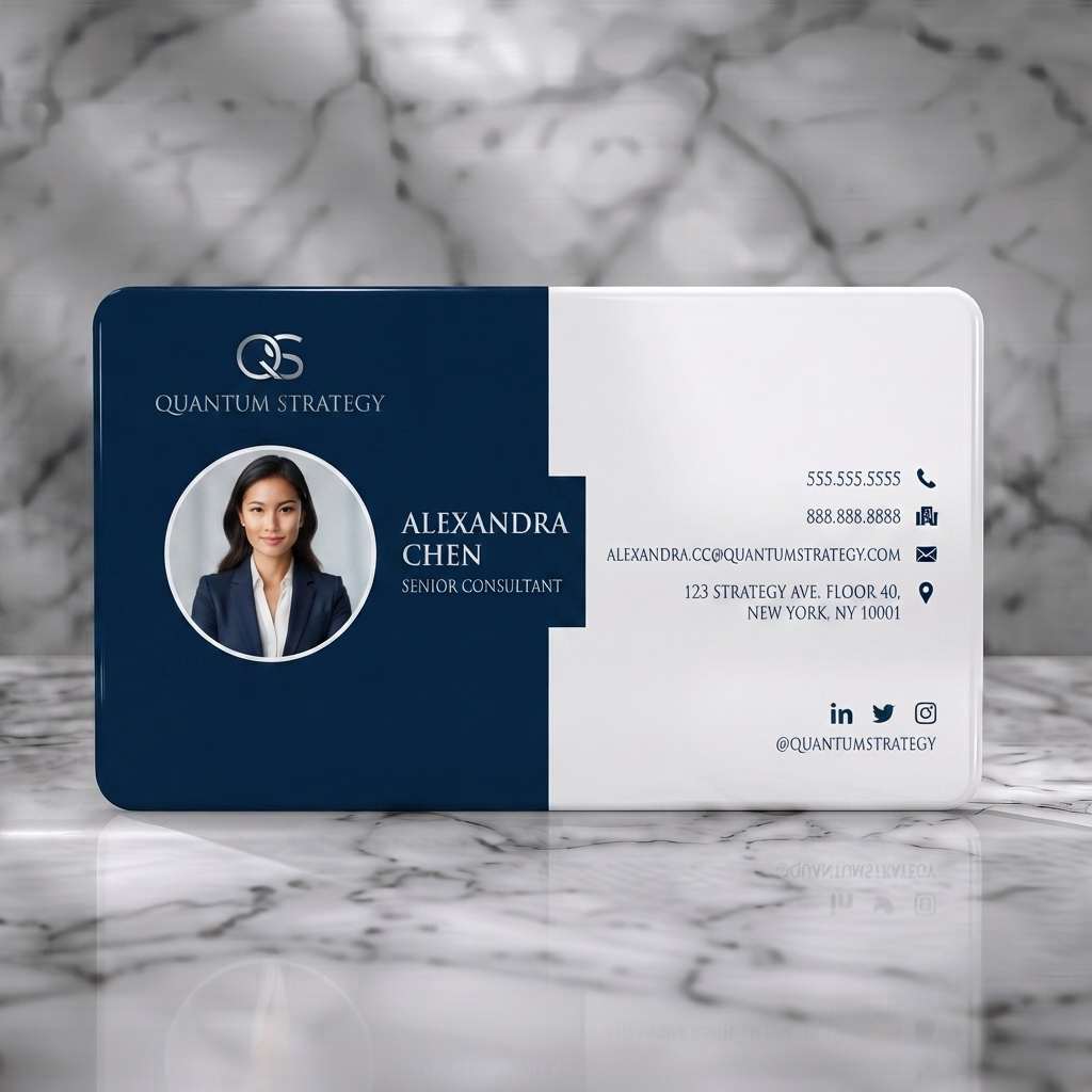 Solid white PVC business card featuring a modern navy and white two-tone design, sans-serif typography, minimalist icons, and a professional headshot