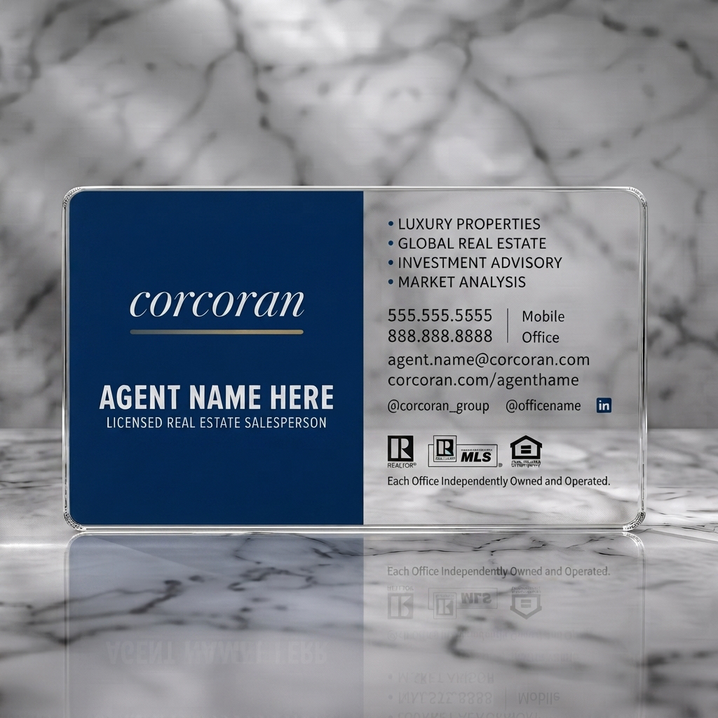 Clear plastic business card featuring two-tone navy and white design with elegant script, clear sans-serif text, and real estate icons