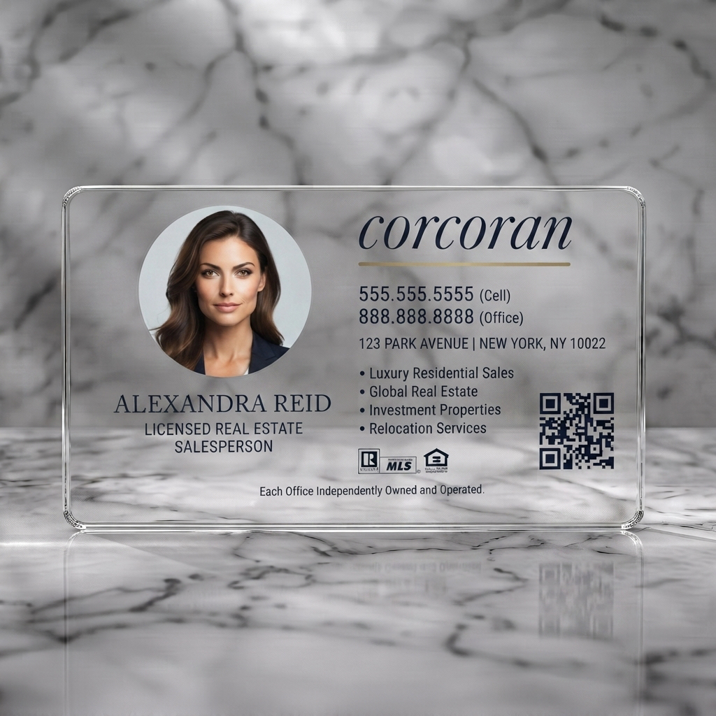 Clear plastic business card featuring professional headshot, elegant blue branding, mixed typography, and essential real estate icons