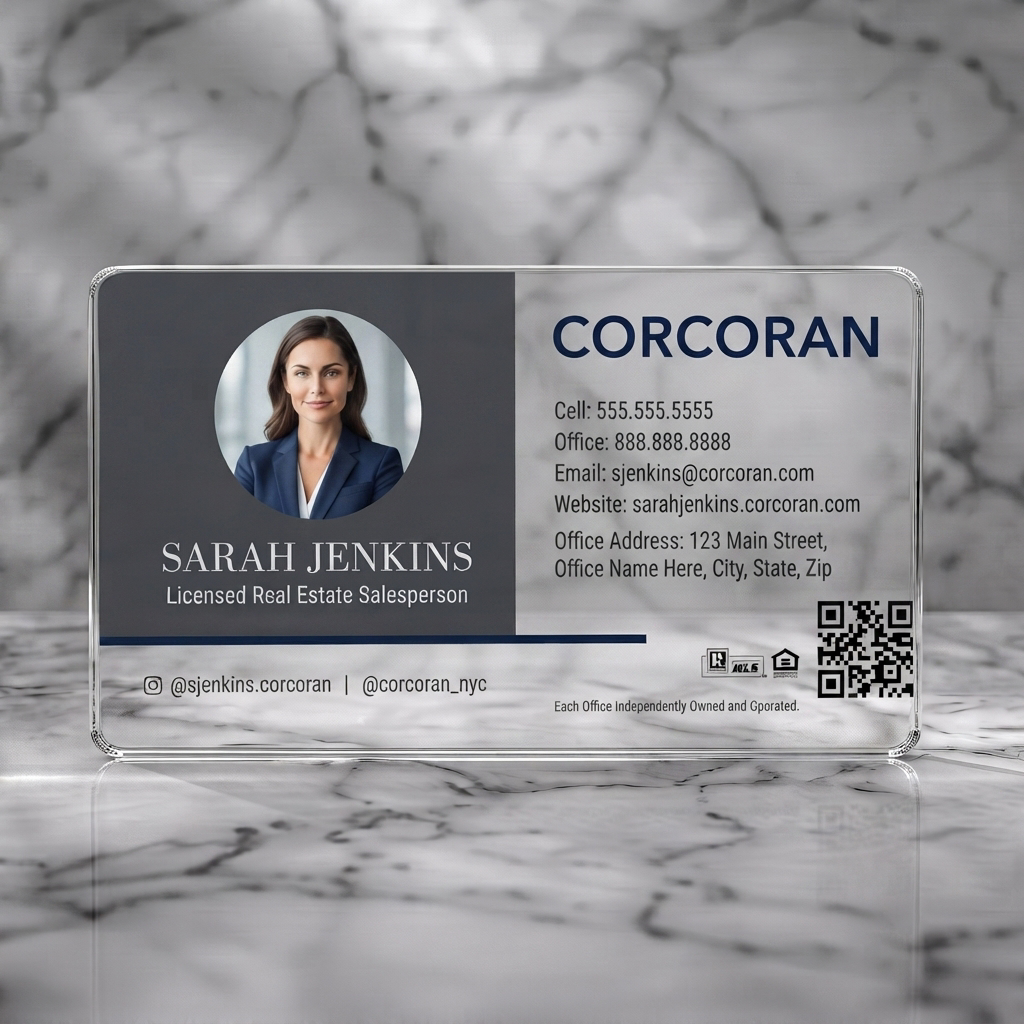 Clear plastic business card featuring modern, split-layout design with a dark gray and white palette, navy accents, clear typography, and professional icons